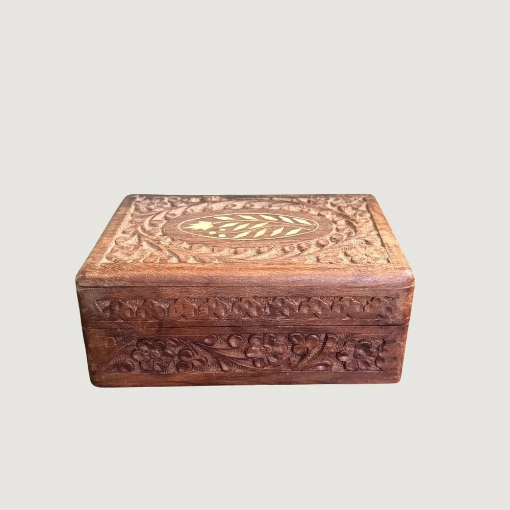 Vintage Hand Carved Wooden Jewelry Box Floral Inlay Lined Trinket Box